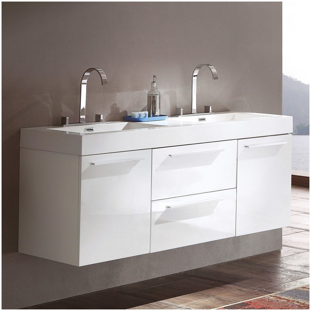 Fresca Opulento 54" White Modern Double Sink Cabinet w/ Integrated Sinks