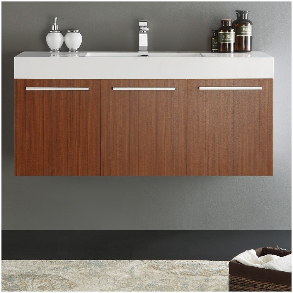 Fresca Vista 48" Teak Wall Hung Modern Bathroom Cabinet w/ Integrated Sink