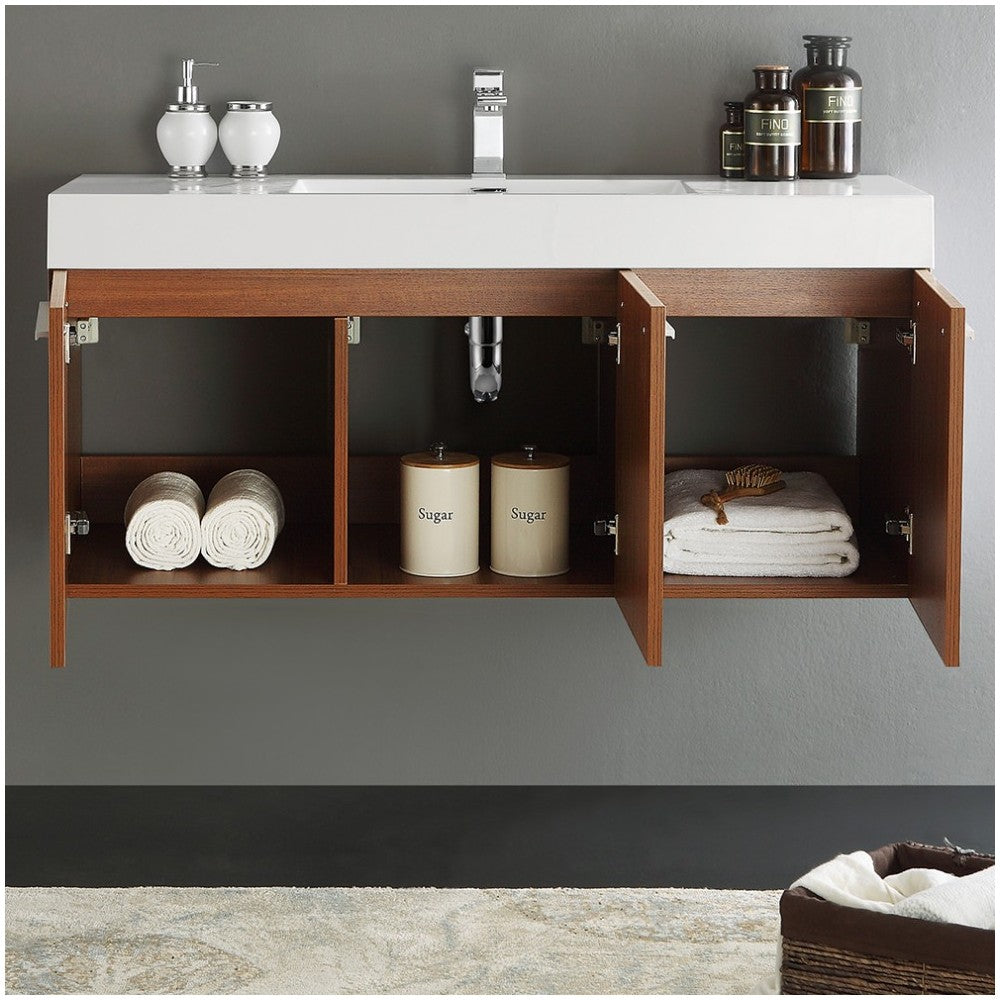 Fresca Vista 48" Teak Wall Hung Modern Bathroom Cabinet w/ Integrated Sink