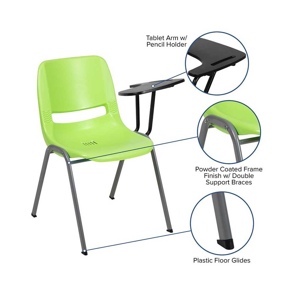 Green Ergonomic Shell Chair with Left Handed Flip-Up Tablet Arm