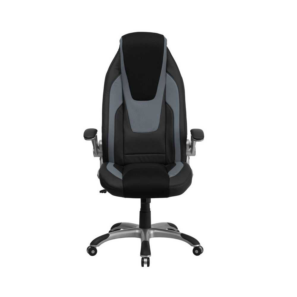 High Back Black and Gray Vinyl Executive Swivel Ergonomic Office Chair with Black Mesh Insets and Flip-Up Arms