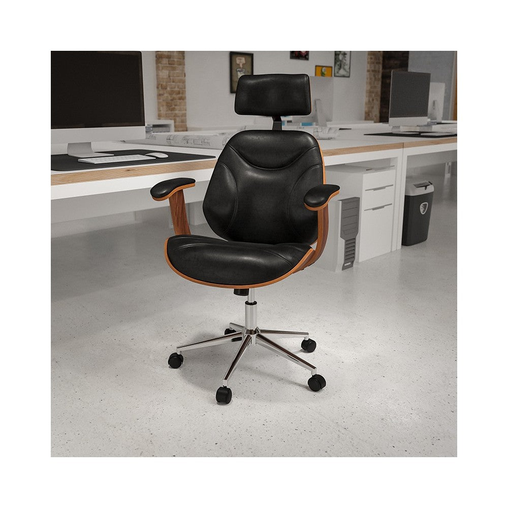 High Back Black LeatherSoft Executive Ergonomic Wood Swivel Office Chair with Arms