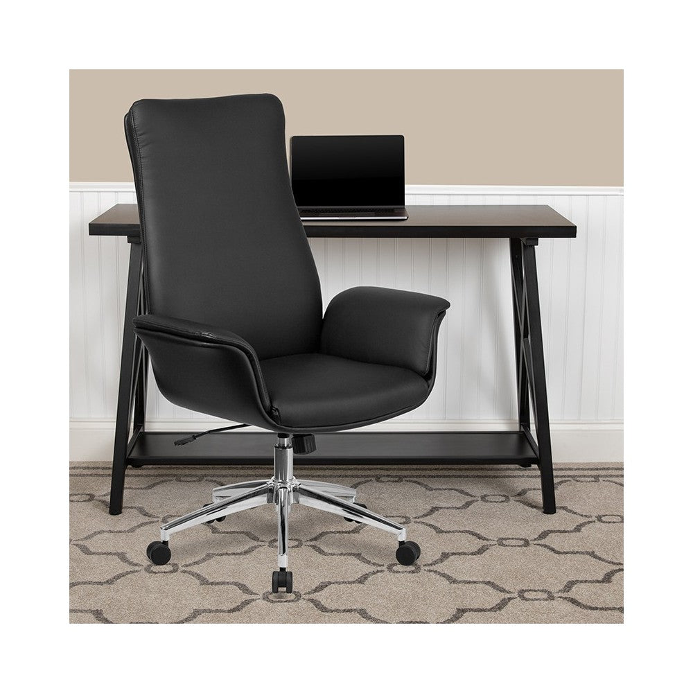 High Back Black LeatherSoft Executive Swivel Office Chair with Flared Arms