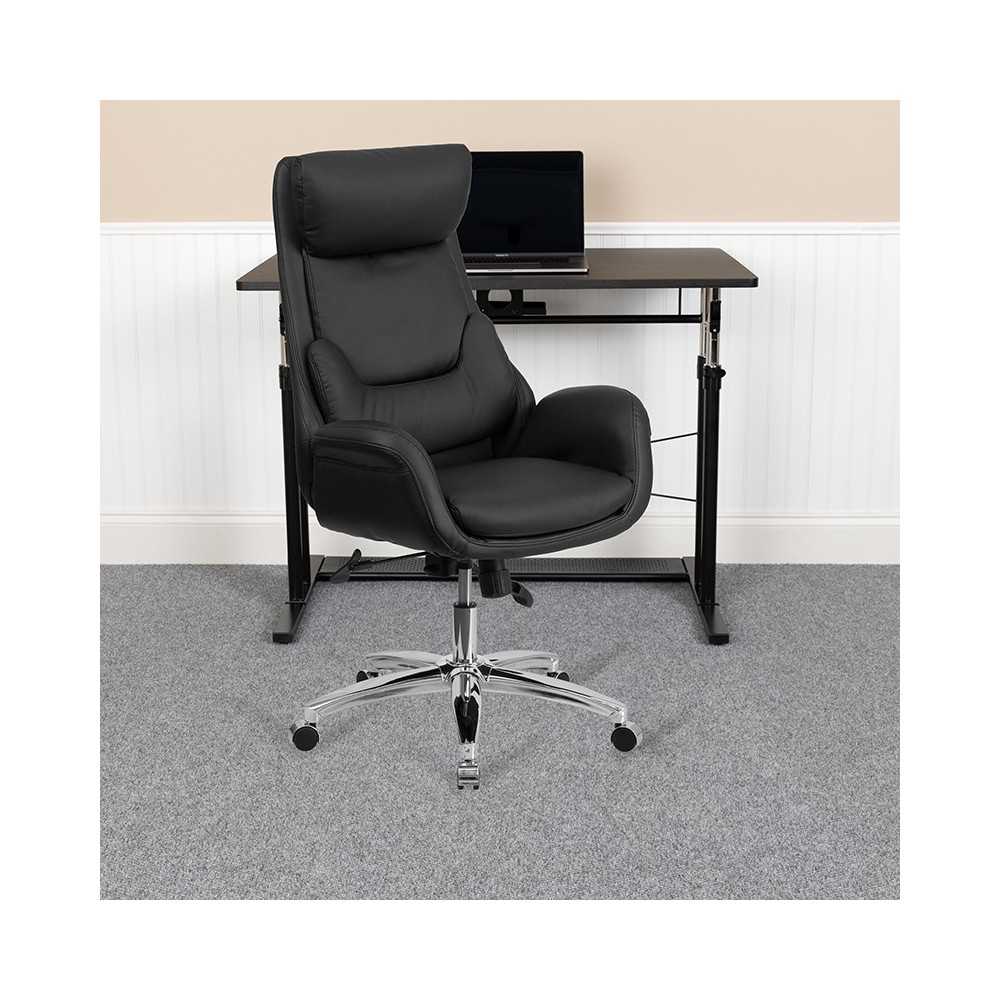 High Back Black LeatherSoft Executive Swivel Office Chair with Lumbar Pillow and Arms