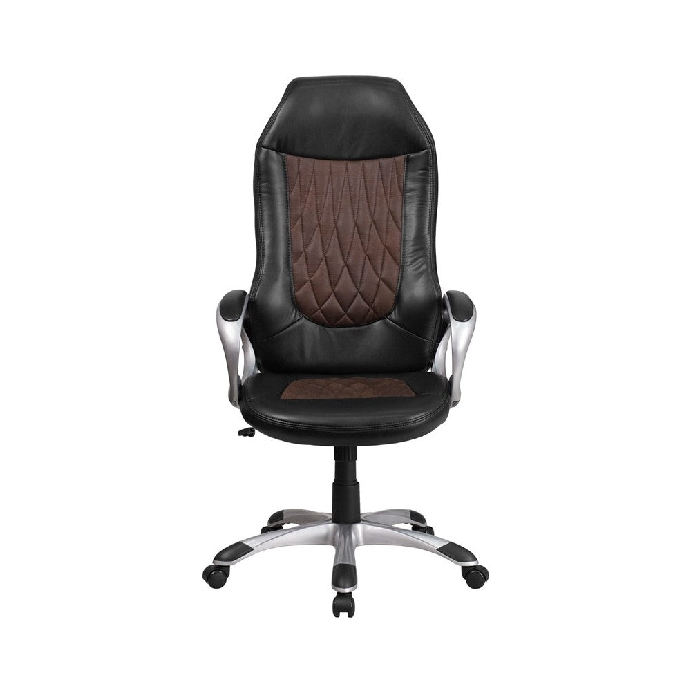 High Back Brown Fabric and Black Vinyl Executive Swivel Office Chair with Arms