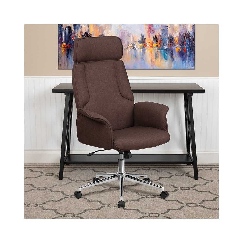 High Back Brown Fabric Executive Swivel Office Chair with Chrome Base and Fully Upholstered Arms