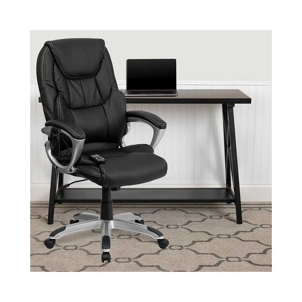 High Back Ergonomic Massaging Black LeatherSoft Executive Swivel Office Chair with Silver Base and Arms