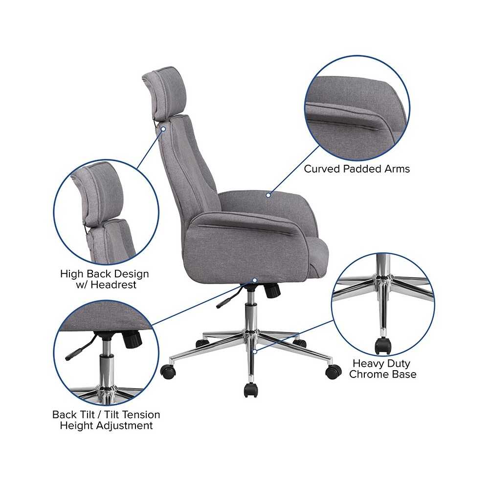 High Back Gray Fabric Executive Swivel Office Chair with Chrome Base and Fully Upholstered Arms