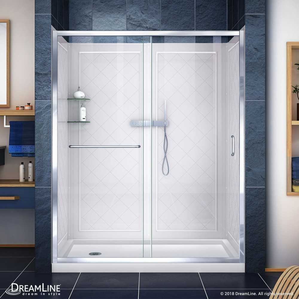 Infinity-Z 30 in. D x 60 in. W x 76 3/4 in. H Clear Sliding Shower Door in Chrome, Left Drain Base and Backwalls