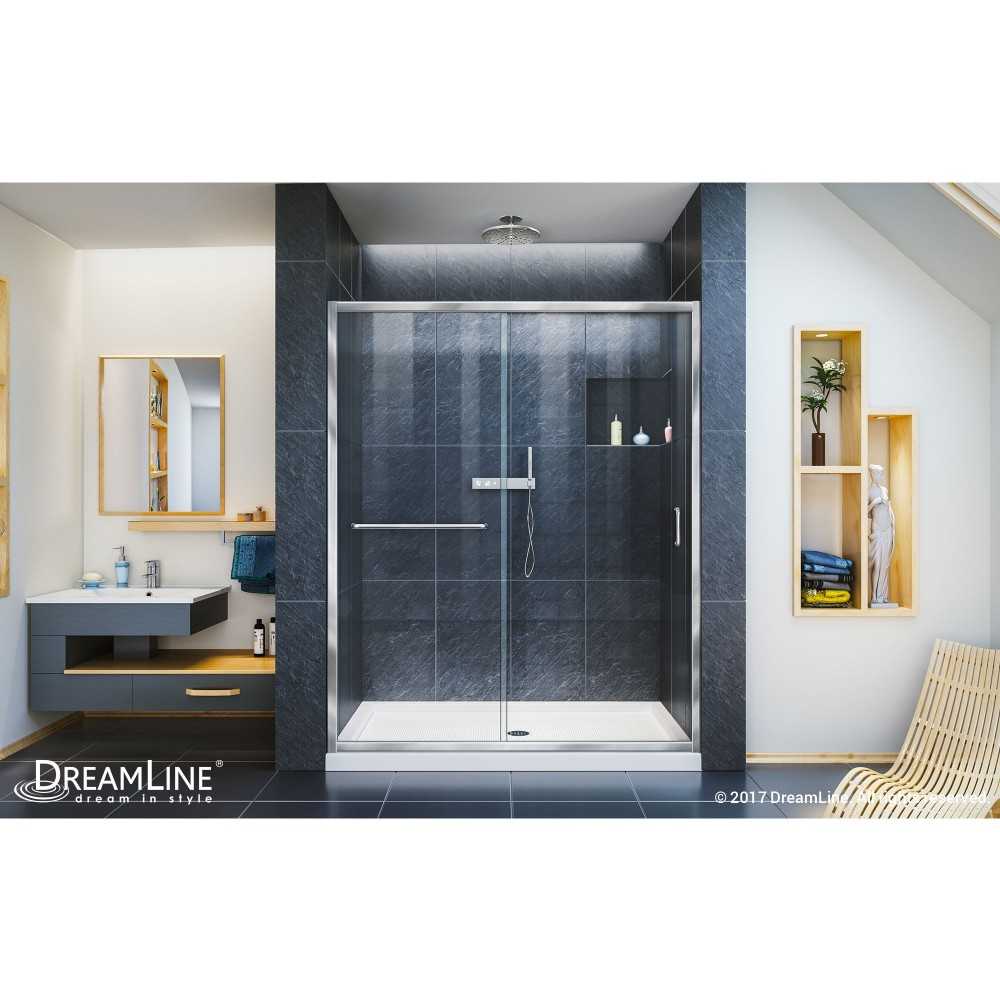 Infinity-Z 32 in. D x 60 in. W x 74 3/4 in. H Clear Sliding Shower Door in Chrome and Center Drain White Base