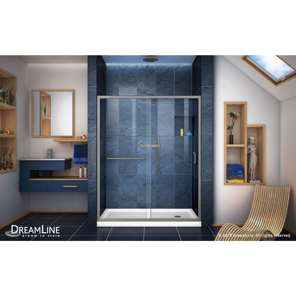 Infinity-Z 34 in. D x 60 in. W x 74 3/4 in. H Clear Sliding Shower Door in Brushed Nickel and Right Drain White Base