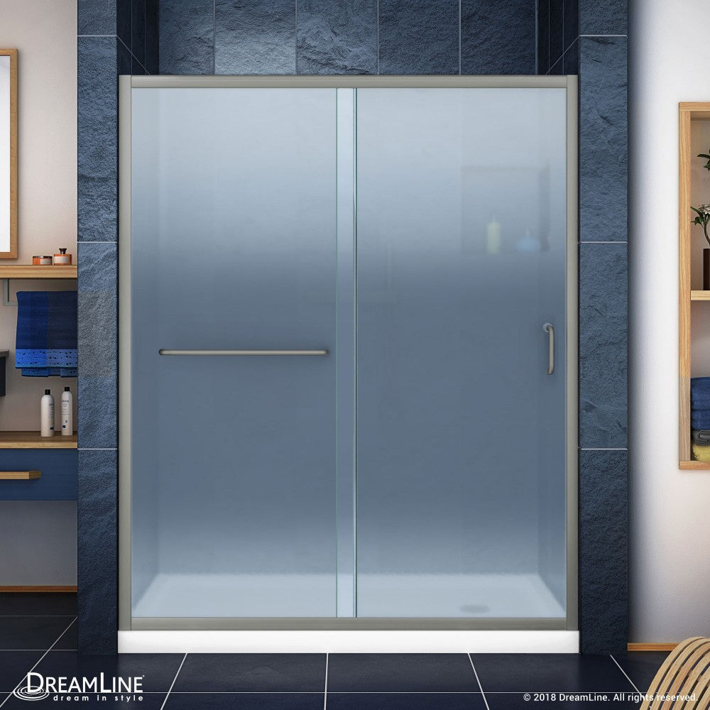Infinity-Z 34 in. D x 60 in. W x 74 3/4 in. H Frosted Sliding Shower Door in Brushed Nickel and Right Drain White Base