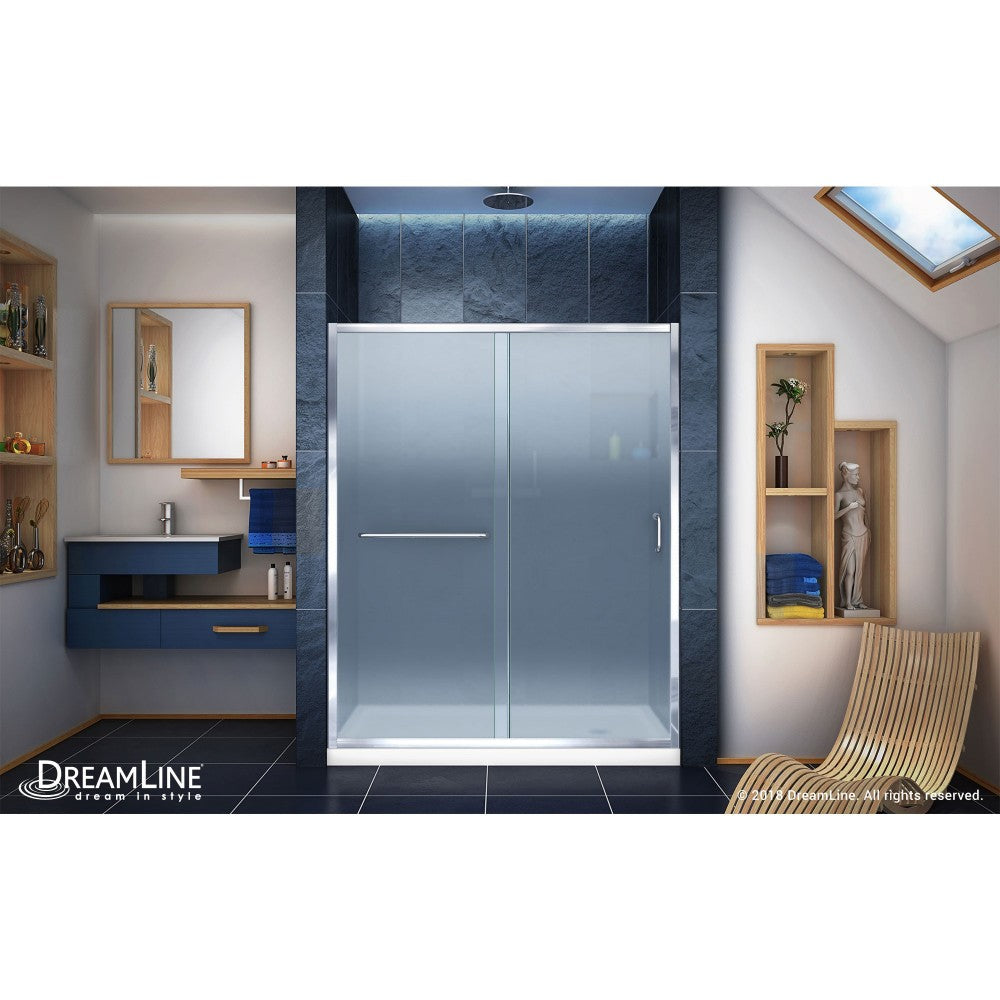 Infinity-Z 34 in. D x 60 in. W x 74 3/4 in. H Frosted Sliding Shower Door in Chrome and Right Drain White Base