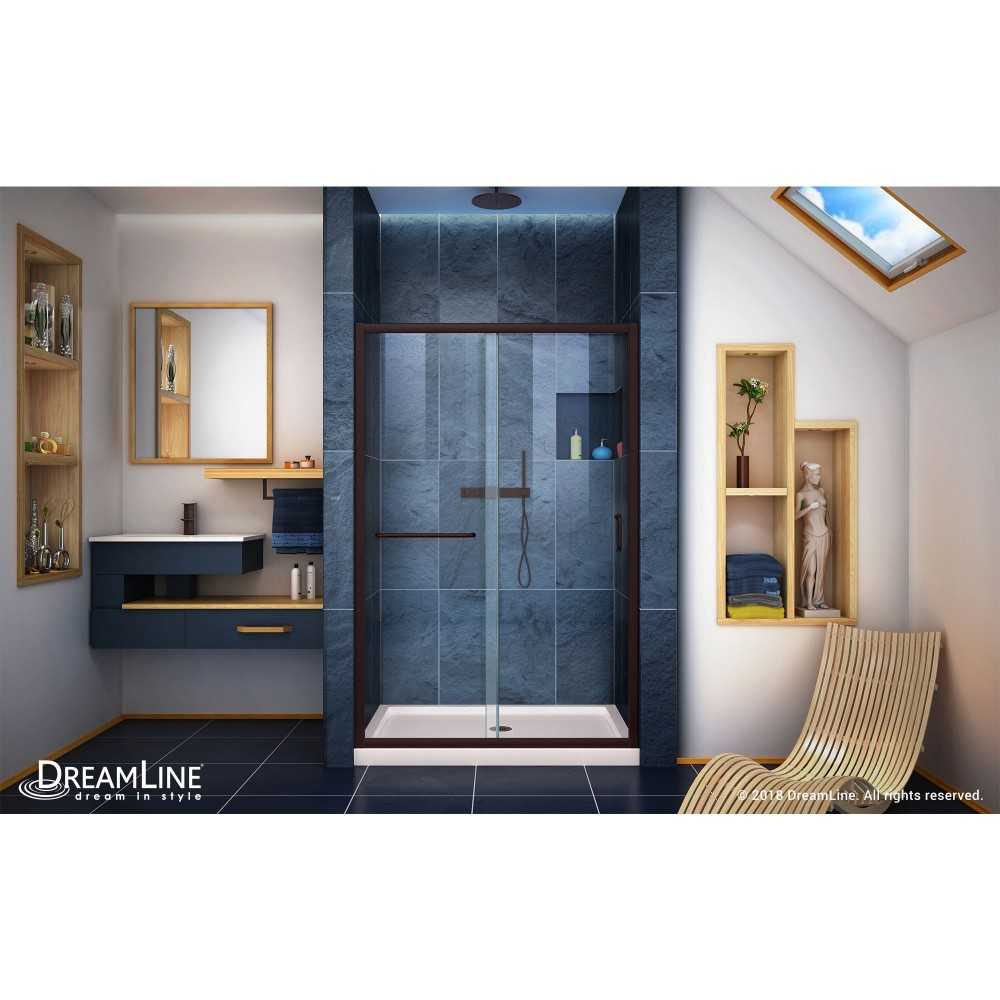 Infinity-Z 36 in. D x 48 in. W x 74 3/4 in. H Clear Sliding Shower Door in Oil Rubbed Bronze, Center Drain Biscuit Base