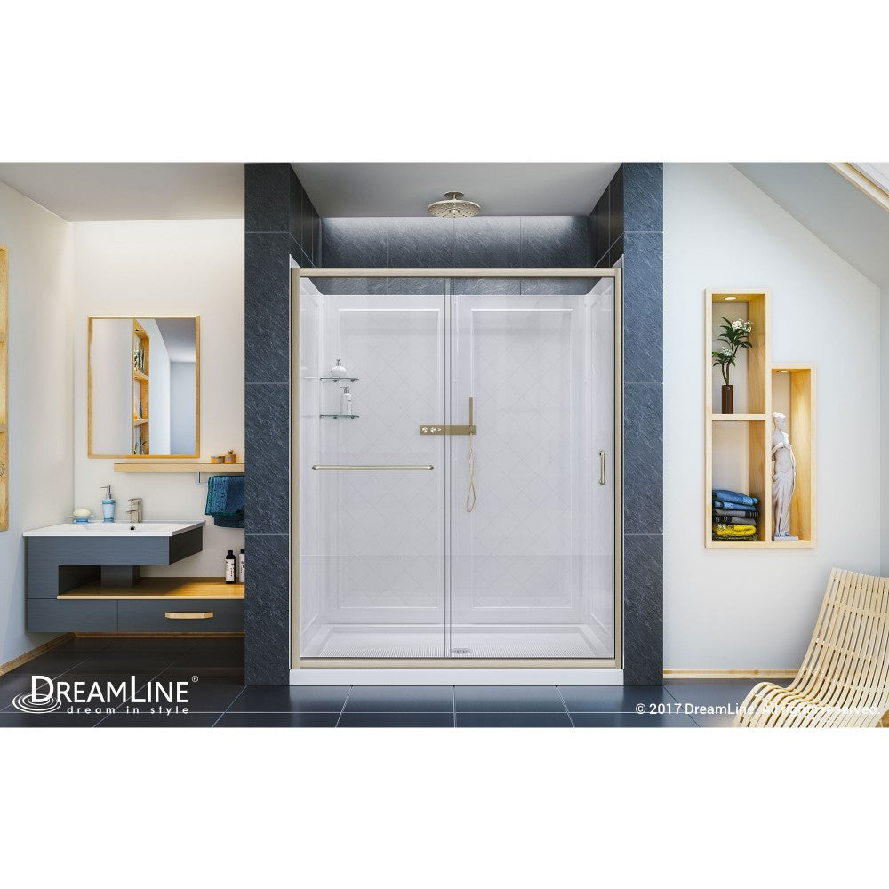 Infinity-Z 36 in. D x 60 in. W x 76 3/4 in. H Clear Sliding Shower Door in Brushed Nickel, Center Drain and Backwalls