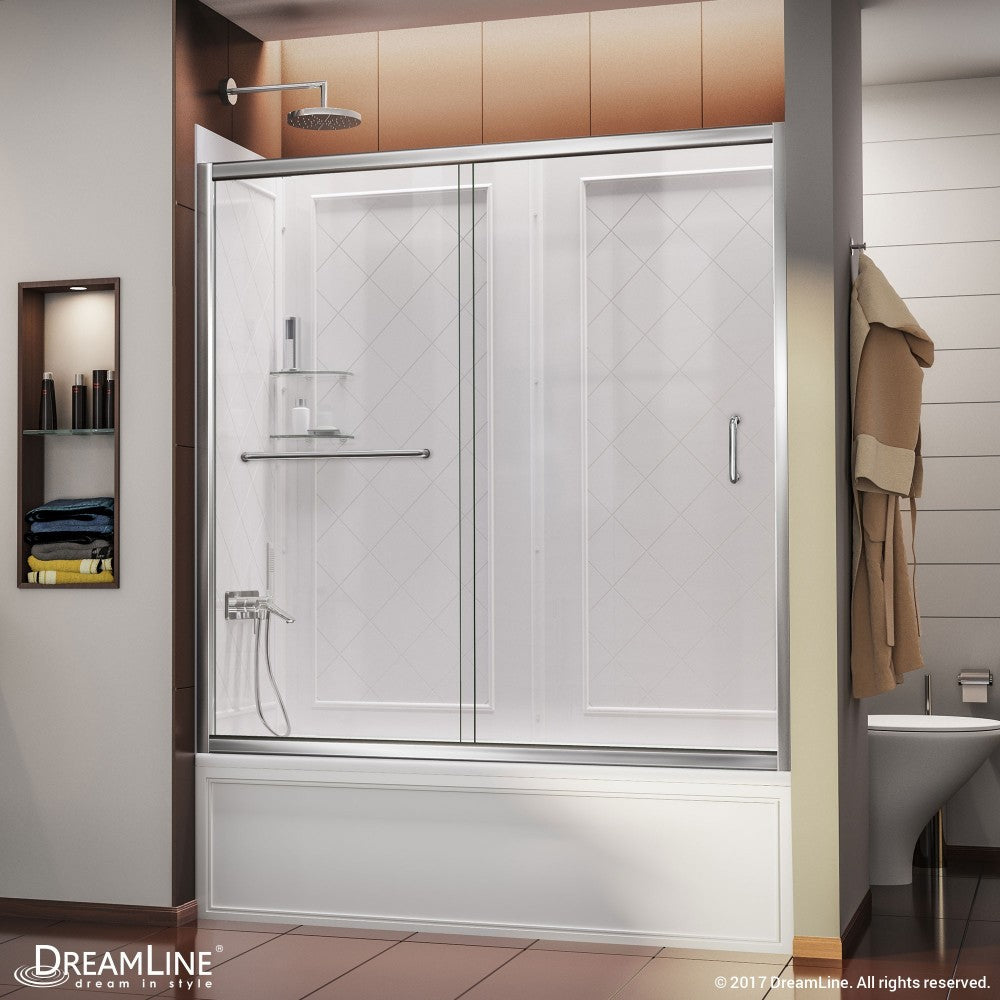 Infinity-Z 56-60 in. W x 60 in. H Clear Sliding Tub Door in Chrome with White Acrylic Backwall Kit