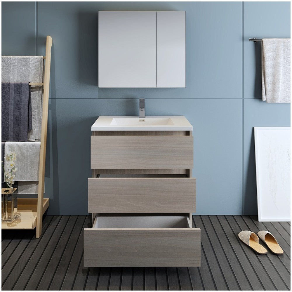 Lazzaro 30" Gray Wood Free Standing Modern Bathroom Vanity w/ Medicine Cabinet