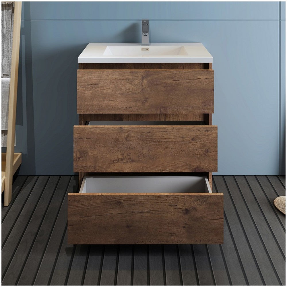 Lazzaro 30" Rosewood Free Standing Modern Bathroom Cabinet w/ Integrated Sink