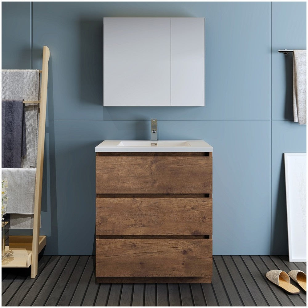 Lazzaro 30" Rosewood Free Standing Modern Bathroom Vanity w/ Medicine Cabinet