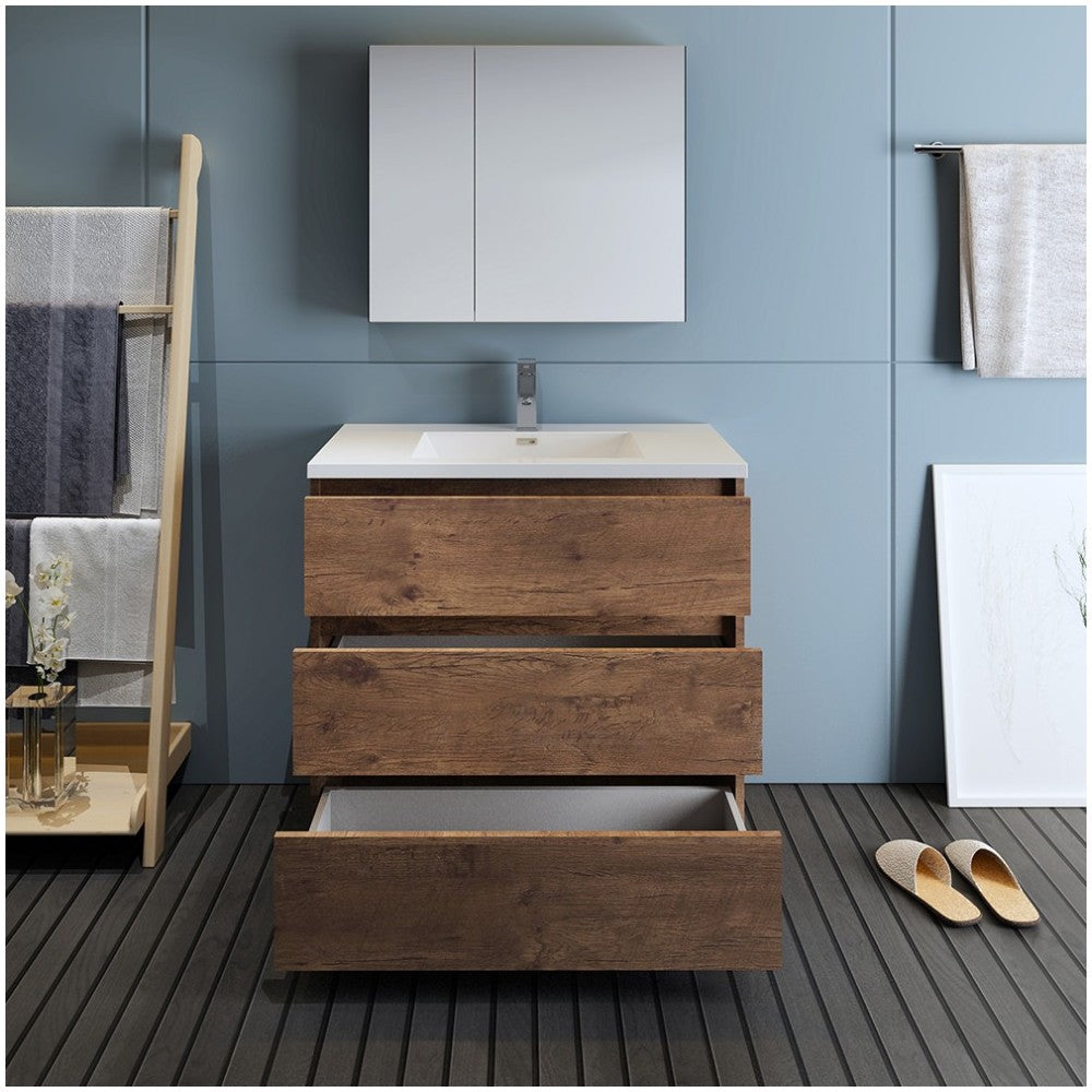 Lazzaro 36" Rosewood Free Standing Modern Bathroom Vanity w/ Medicine Cabinet