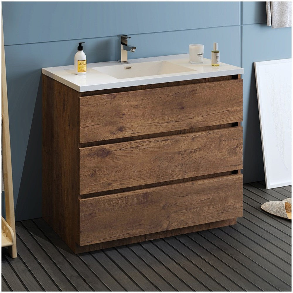 Lazzaro 42" Rosewood Free Standing Modern Bathroom Cabinet w/ Integrated Sink
