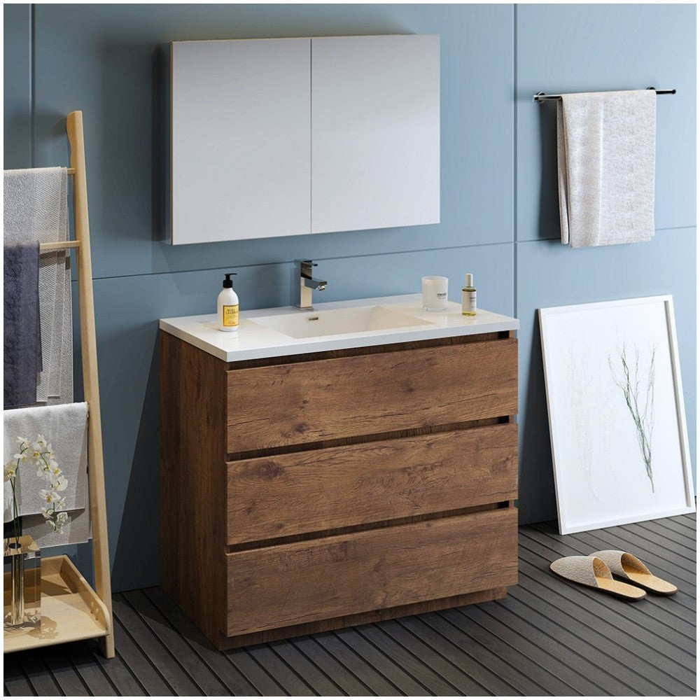 Lazzaro 42" Rosewood Free Standing Modern Bathroom Vanity w/ Medicine Cabinet