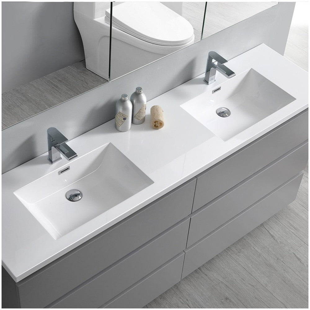 Lazzaro 72" Gray Free Standing Modern Bathroom Cabinet w/ Integrated Double Sink