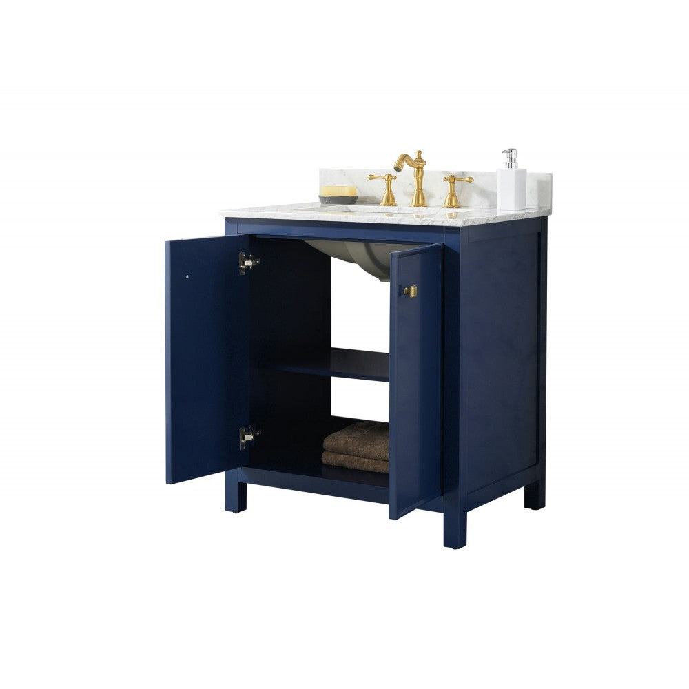 Legion Furniture 30" Blue Finish Sink Vanity Cabinet With Carrara White Top