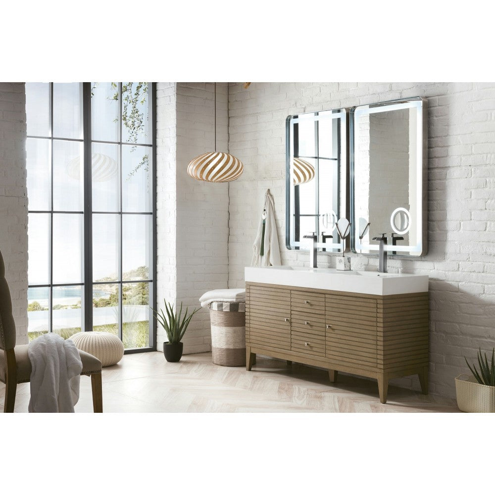 Linear 59" Double Vanity Whitewashed Walnut w/ Glossy White Composite Top