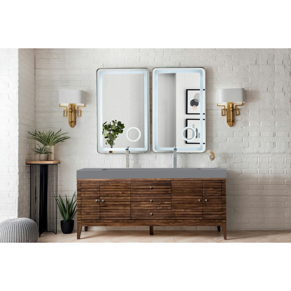 Linear 72" Double Vanity, Mid Century Walnut w/ Dusk Gray Glossy Composite Top