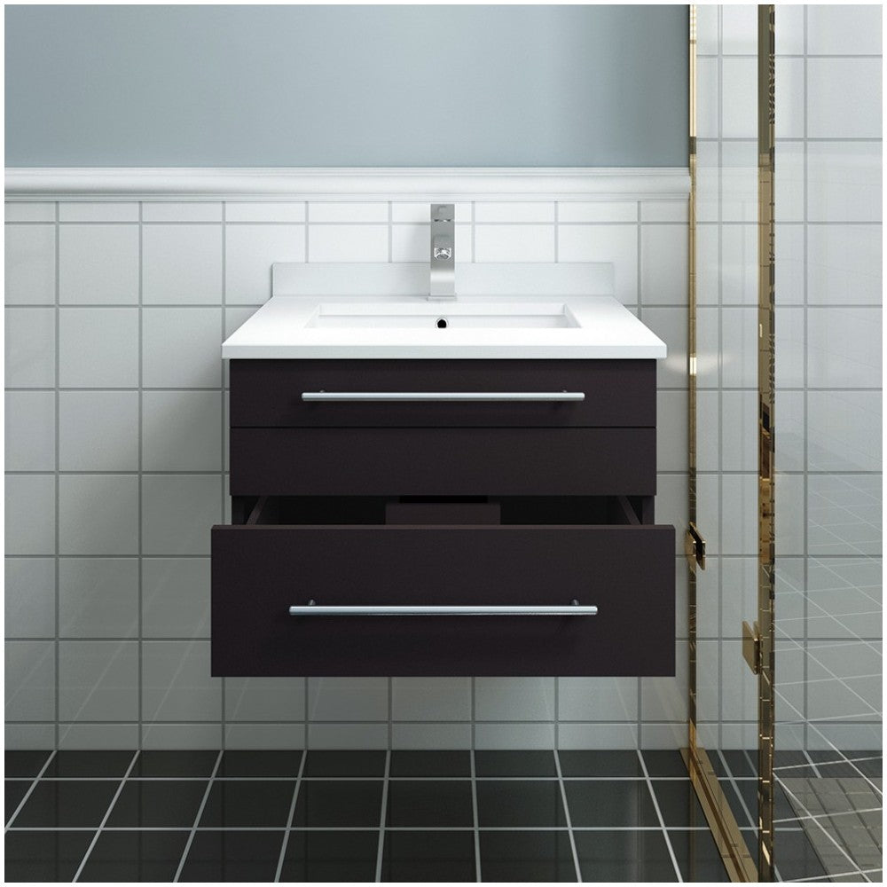 Lucera 24" Espresso Wall Hung Modern Bathroom Cabinet w/ Top & Undermount Sink