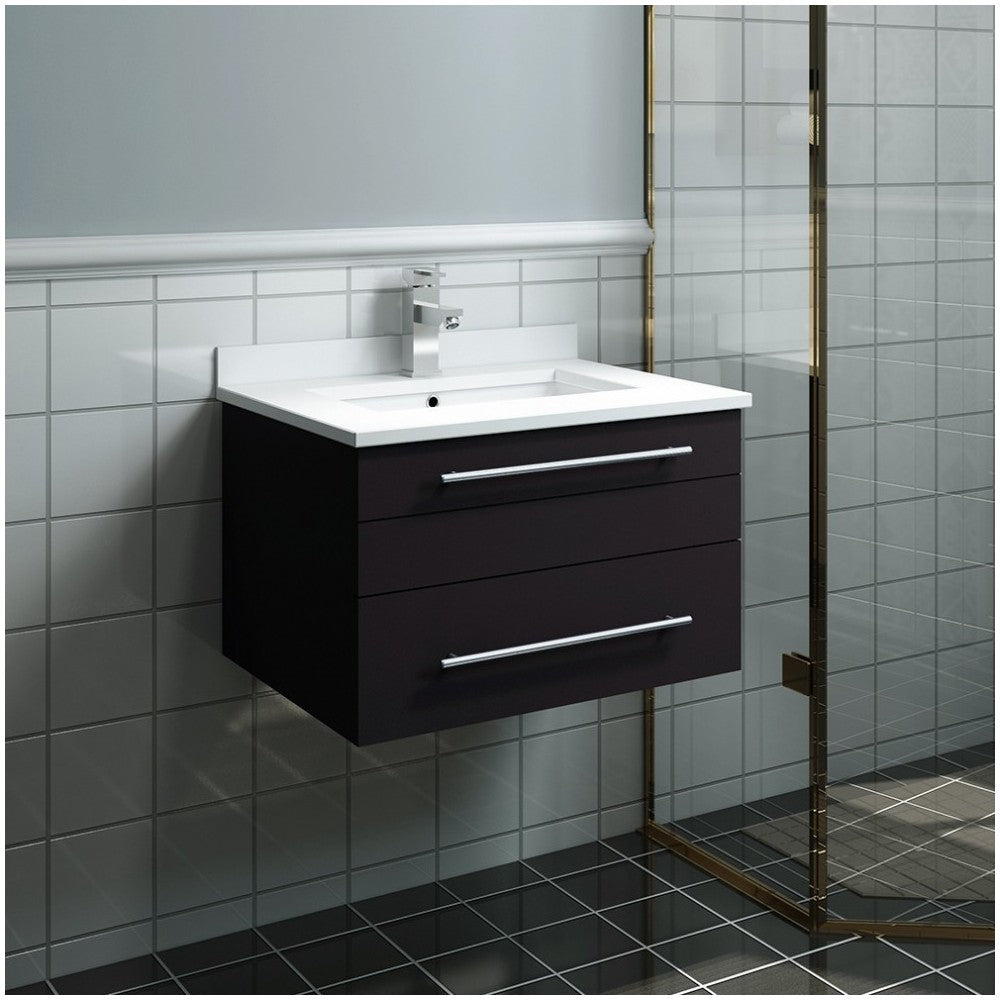 Lucera 24" Espresso Wall Hung Modern Bathroom Cabinet w/ Top & Undermount Sink