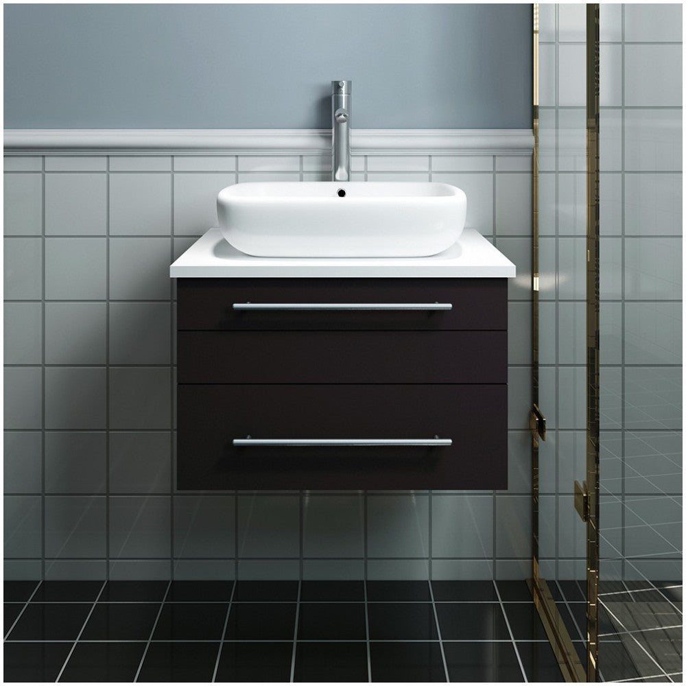 Lucera 24" Espresso Wall Hung Modern Bathroom Cabinet w/ Top & Vessel Sink