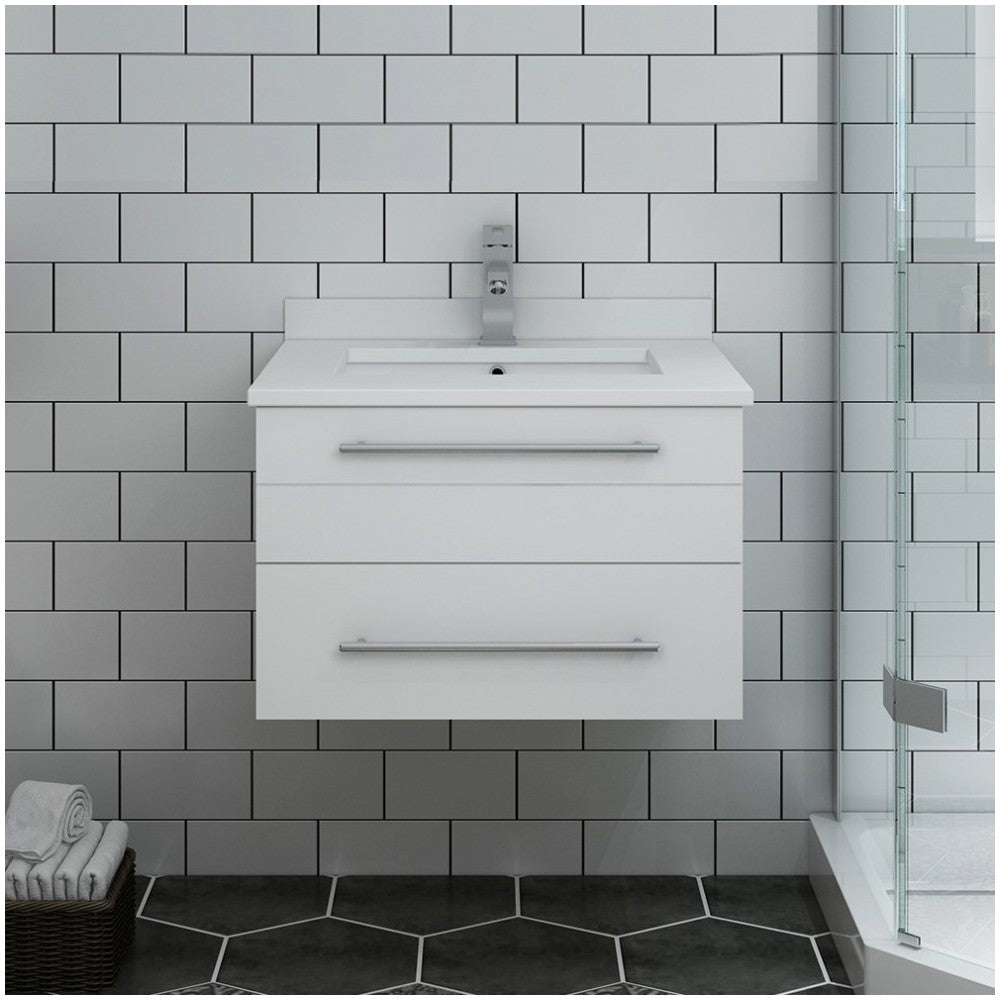 Lucera 24" White Wall Hung Modern Bathroom Cabinet w/ Top & Undermount Sink
