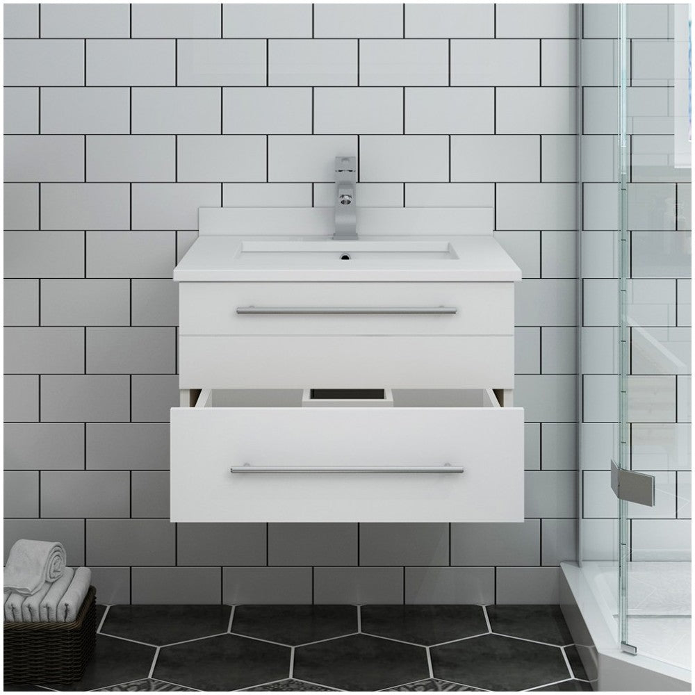 Lucera 24" White Wall Hung Modern Bathroom Cabinet w/ Top & Undermount Sink