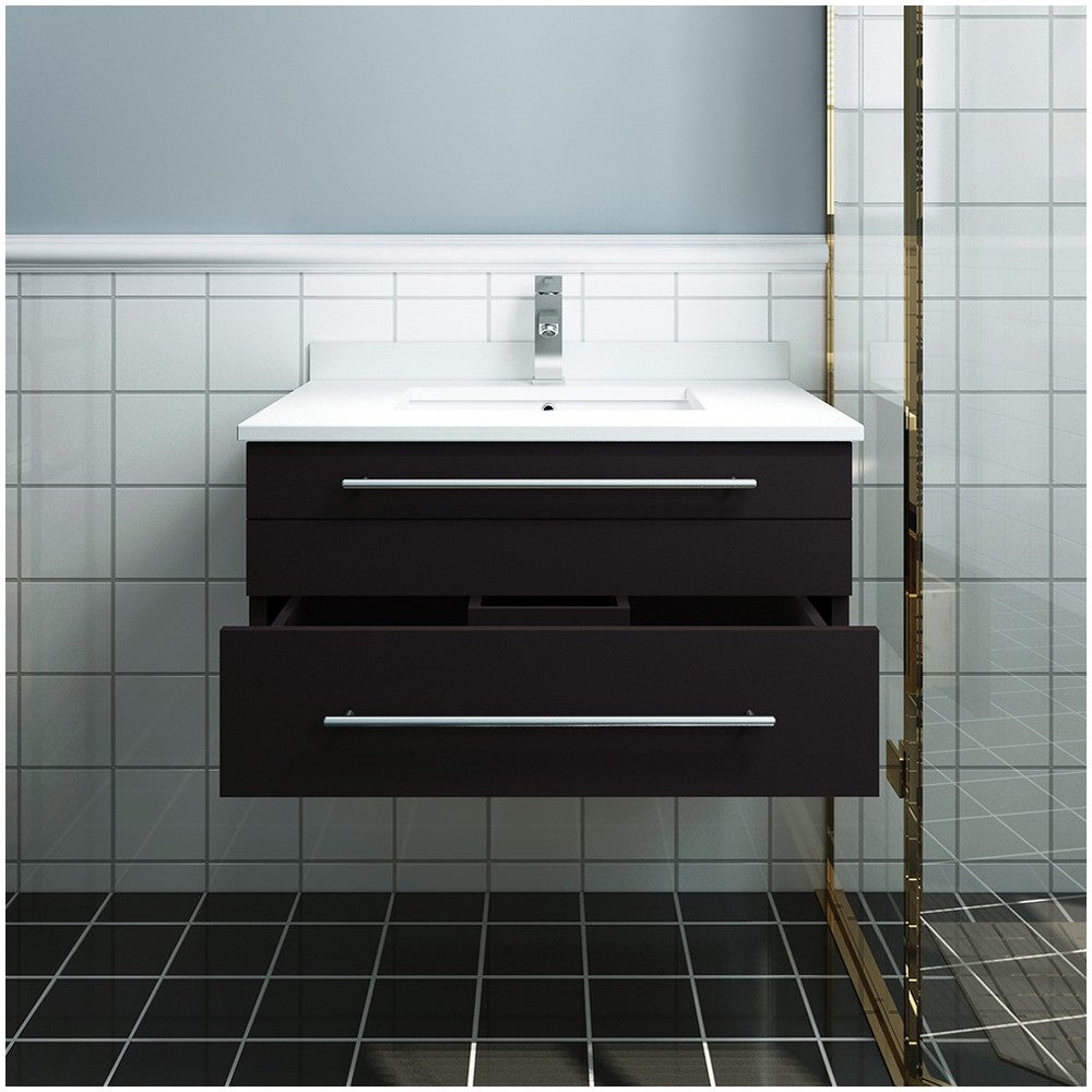 Lucera 30" Espresso Wall Hung Modern Bathroom Cabinet w/ Top & Undermount Sink