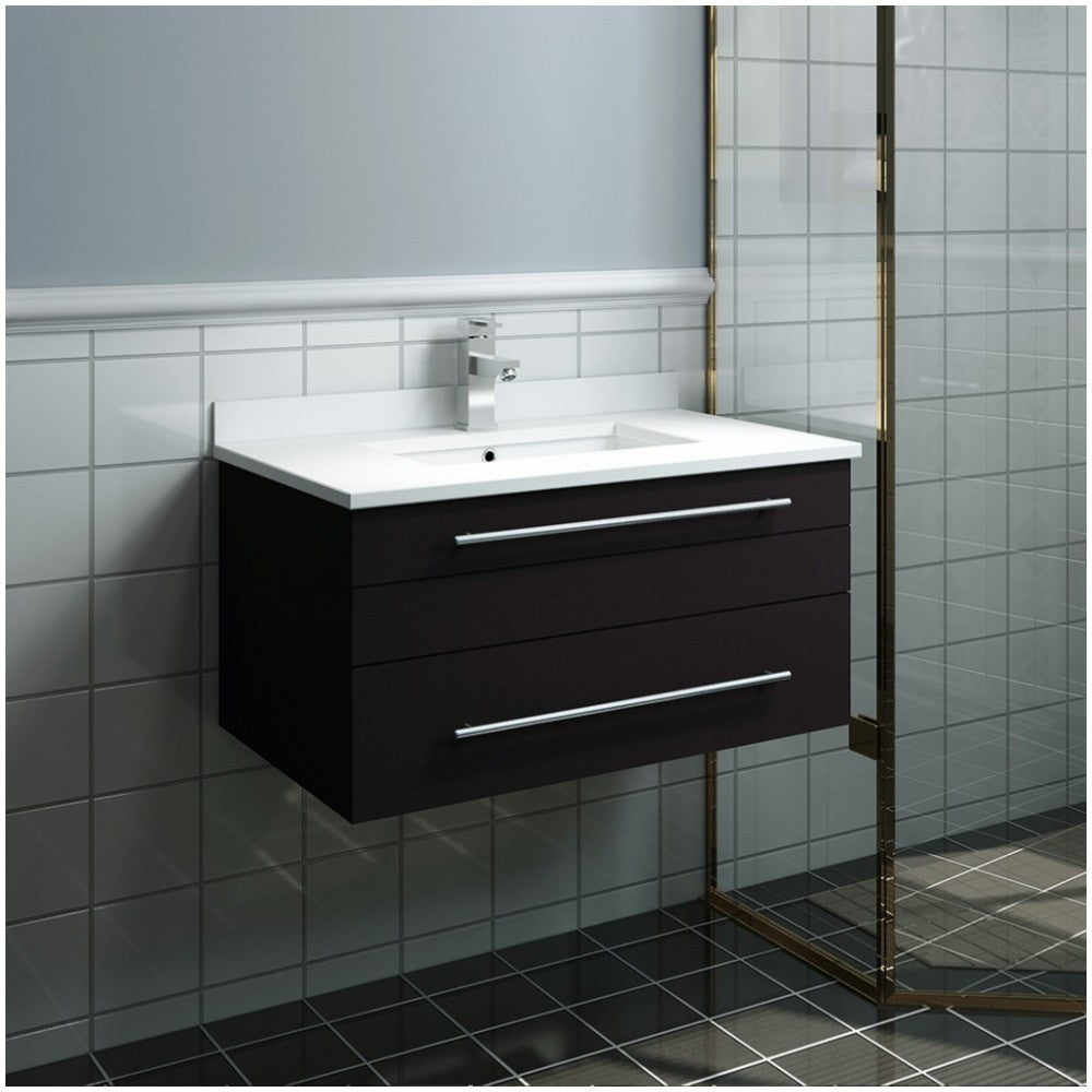 Lucera 30" Espresso Wall Hung Modern Bathroom Cabinet w/ Top & Undermount Sink