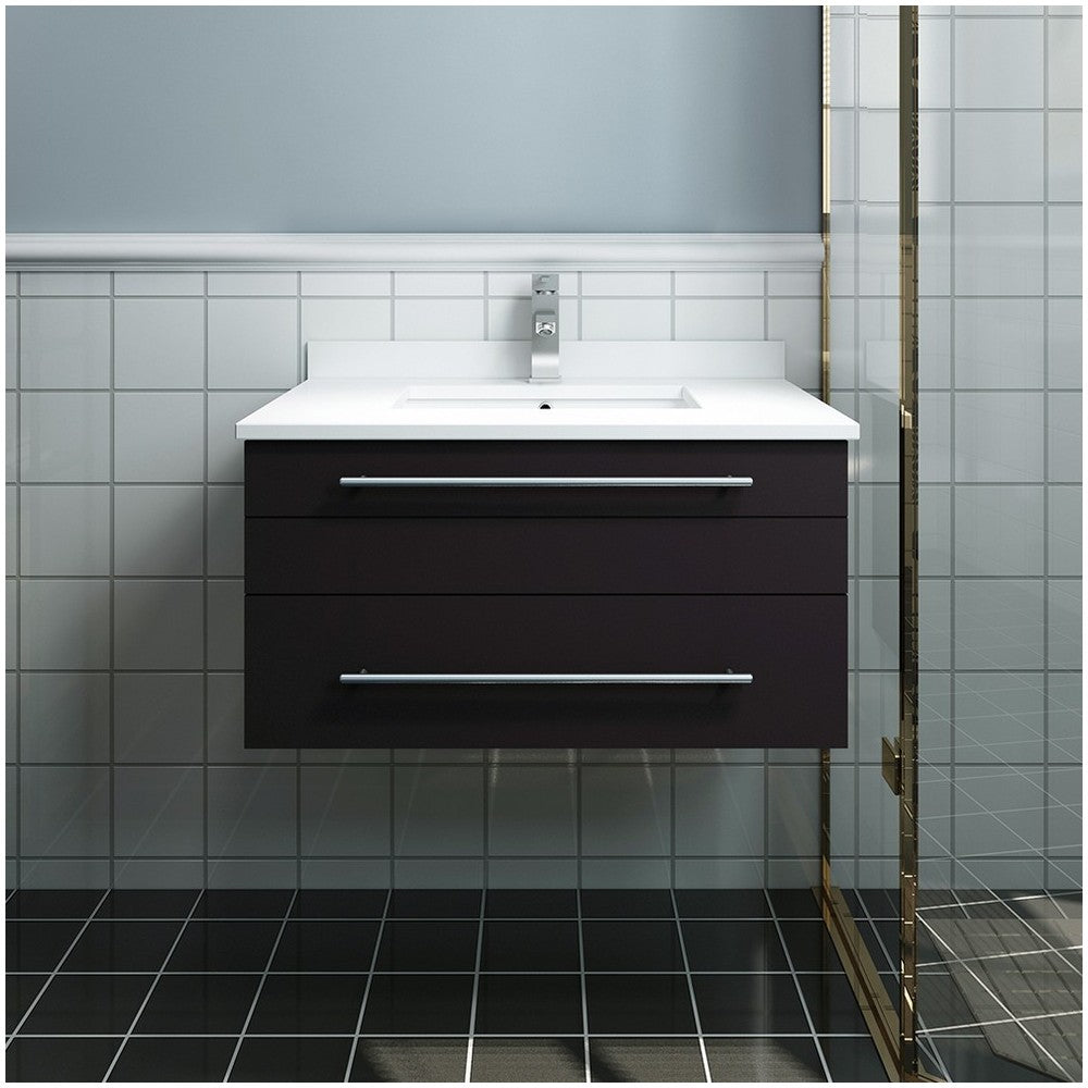 Lucera 30" Espresso Wall Hung Modern Bathroom Cabinet w/ Top & Undermount Sink
