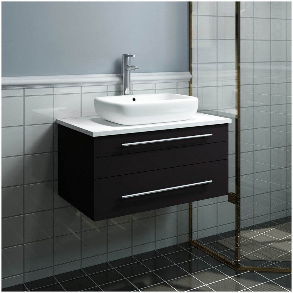 Lucera 30" Espresso Wall Hung Modern Bathroom Cabinet w/ Top & Vessel Sink
