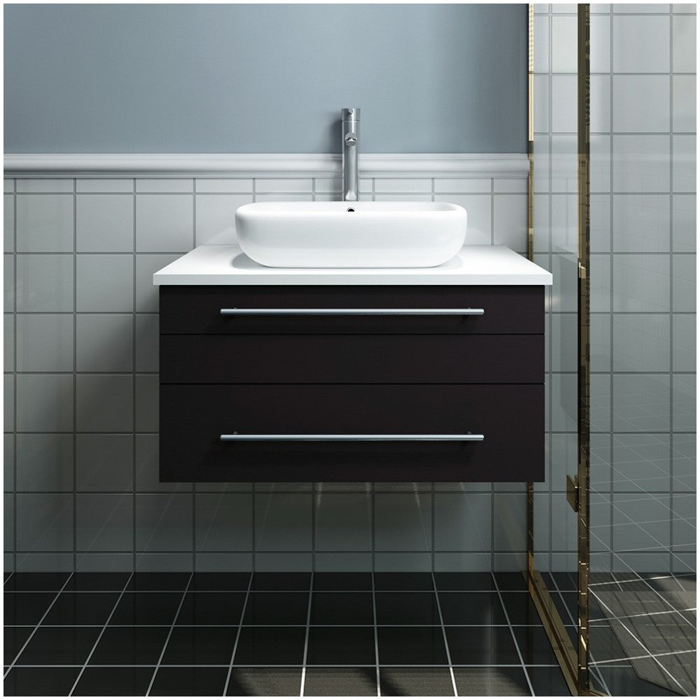 Lucera 30" Espresso Wall Hung Modern Bathroom Cabinet w/ Top & Vessel Sink