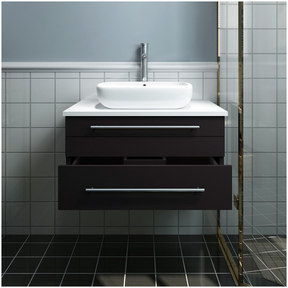 Lucera 30" Espresso Wall Hung Modern Bathroom Cabinet w/ Top & Vessel Sink