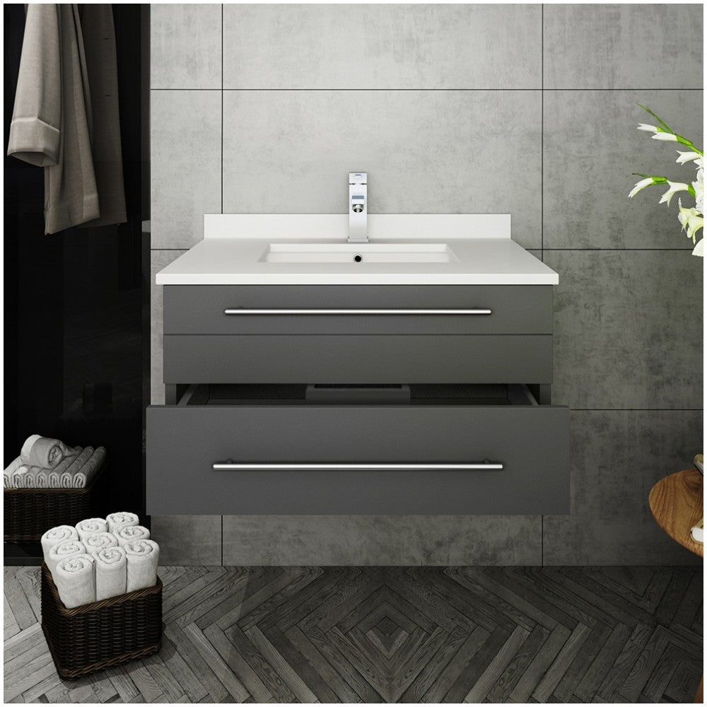 Lucera 30" Gray Wall Hung Modern Bathroom Cabinet w/ Top & Undermount Sink