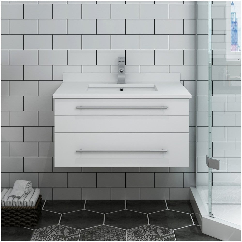 Lucera 30" White Wall Hung Modern Bathroom Cabinet w/ Top & Undermount Sink