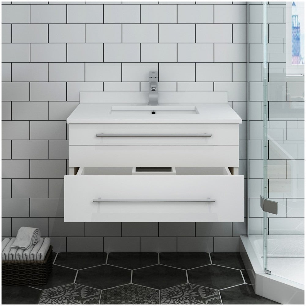 Lucera 30" White Wall Hung Modern Bathroom Cabinet w/ Top & Undermount Sink