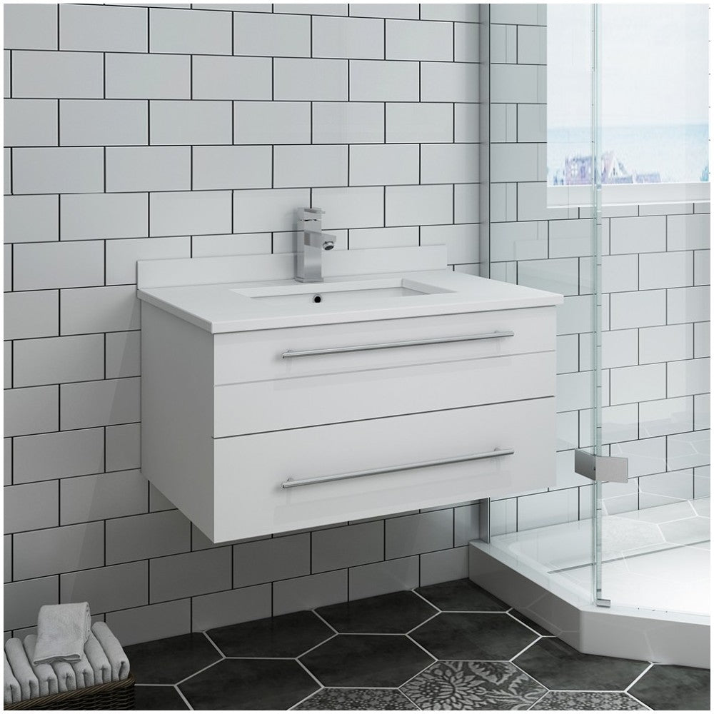 Lucera 30" White Wall Hung Modern Bathroom Cabinet w/ Top & Undermount Sink