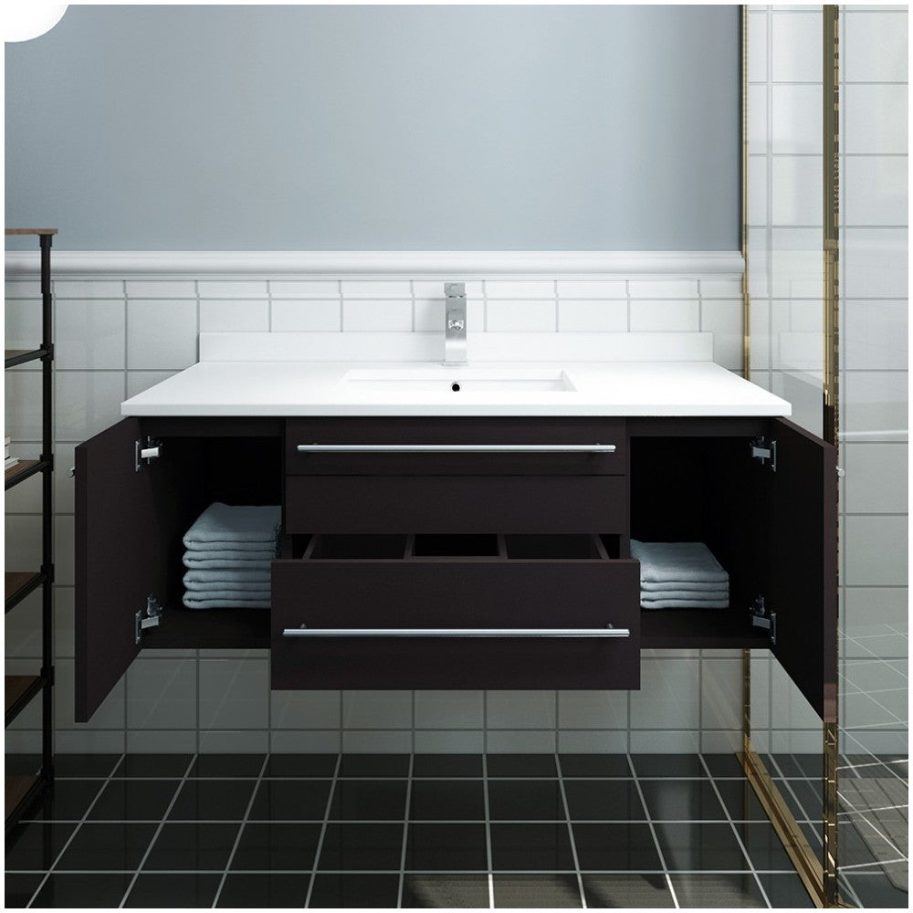 Lucera 42" Espresso Wall Hung Modern Bathroom Cabinet w/ Top & Undermount Sink