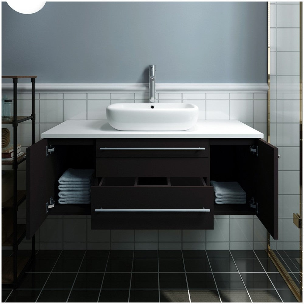 Lucera 42" Espresso Wall Hung Modern Bathroom Cabinet w/ Top & Vessel Sink