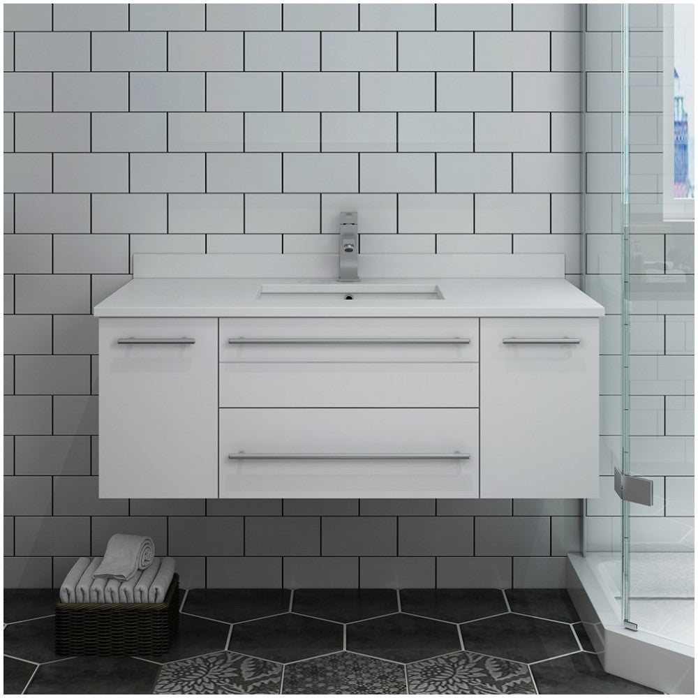 Lucera 42" White Wall Hung Modern Bathroom Cabinet w/ Top & Undermount Sink