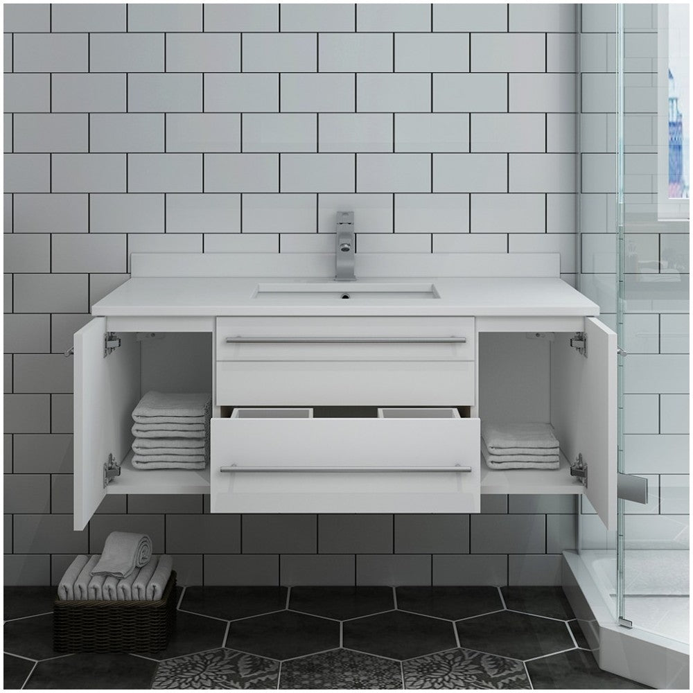 Lucera 42" White Wall Hung Modern Bathroom Cabinet w/ Top & Undermount Sink