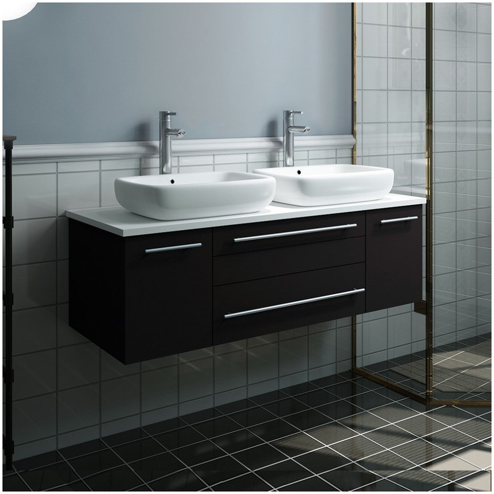 Lucera 48 Espresso Wall Hung Modern Bathroom Cabinet w/ Top, Double Vessel Sinks